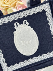 DIOR 26S  BOOK TOTE BAG 20 IN NAVY BLUE AND WHITE FABRIC