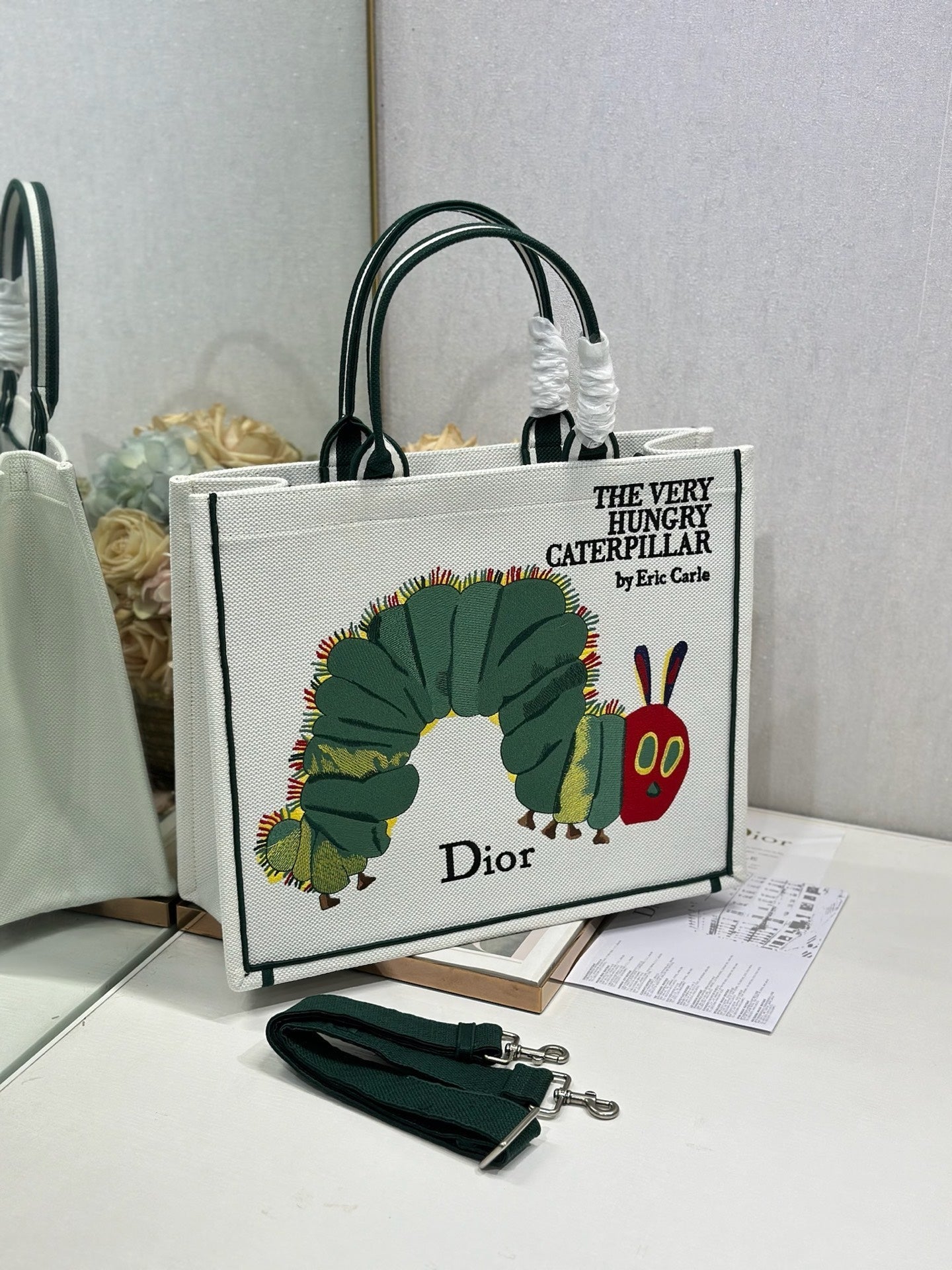 DIOR 26S LARGE BOOK TOTE 42 IN CREAM WHITE AND GREEN WOVEN FABRIC