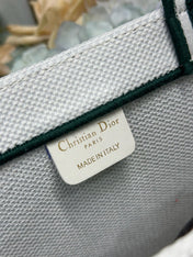 DIOR 26S LARGE BOOK TOTE 42 IN CREAM WHITE AND GREEN WOVEN FABRIC
