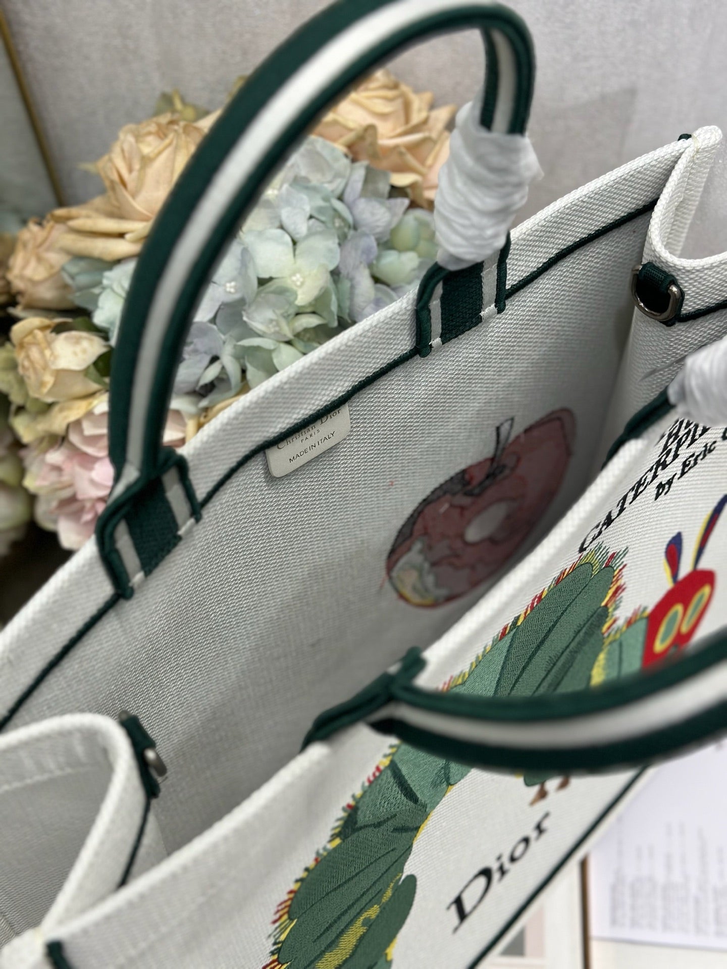 DIOR 26S LARGE BOOK TOTE 42 IN CREAM WHITE AND GREEN WOVEN FABRIC