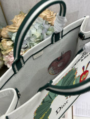 DIOR 26S LARGE BOOK TOTE 42 IN CREAM WHITE AND GREEN WOVEN FABRIC