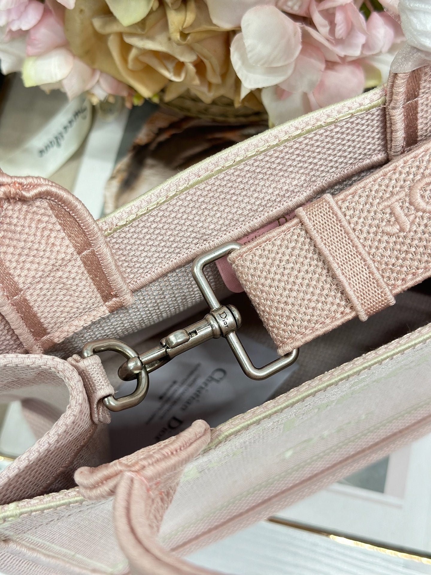DIOR 26S MINI BOOK TOTE 26 IN LIGHT PINK WOVEN FABRIC