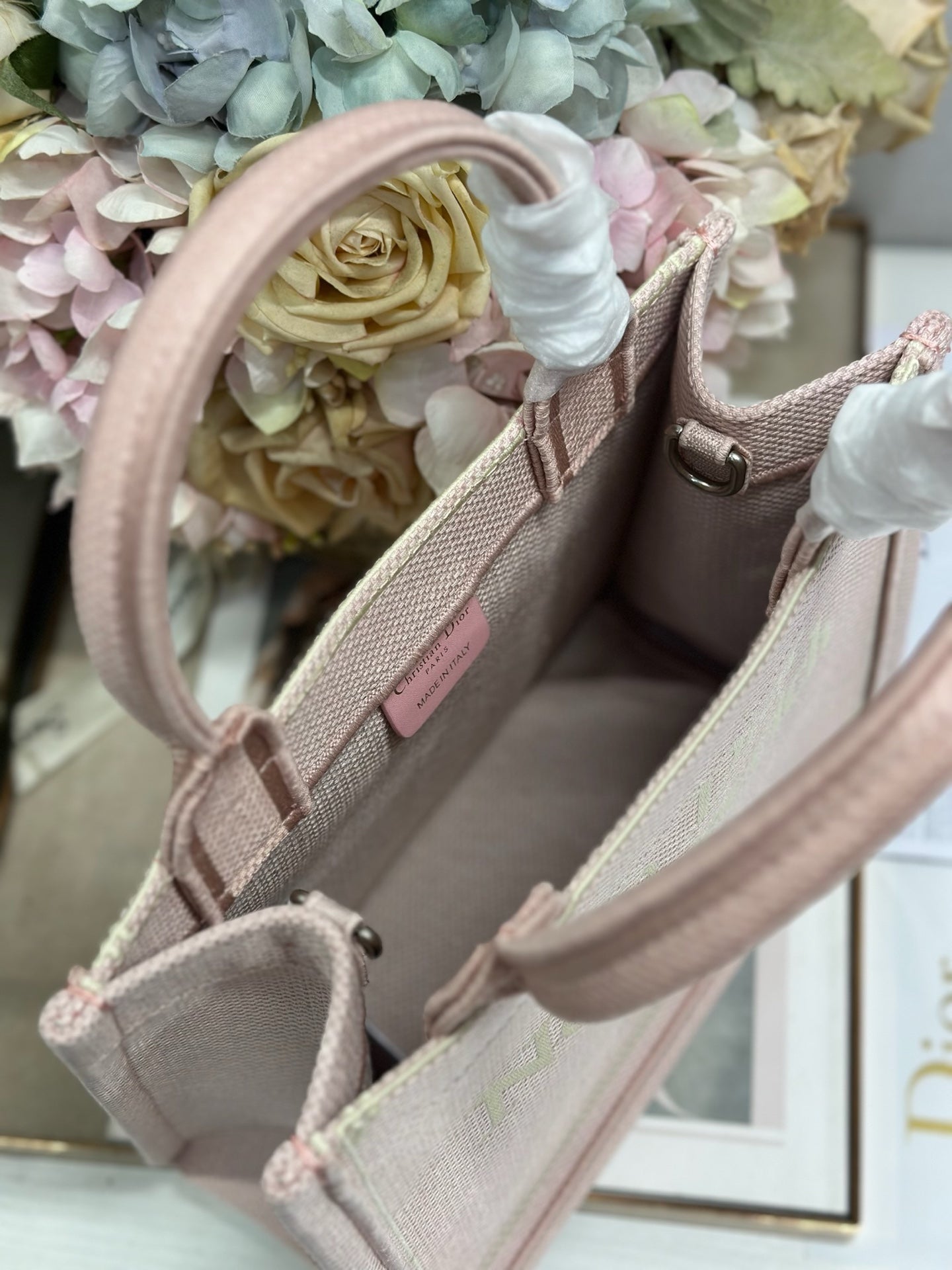 DIOR 26S MINI BOOK TOTE 26 IN LIGHT PINK WOVEN FABRIC