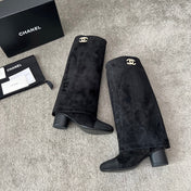 CHANEL 25S HIGH BOOTS 55MM IN BLACK SUEDE AND CANVAS GOLD HARDWARE