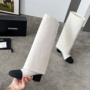 CHANEL 25S HIGH BOOTS 55MM IN IVORY BLACK CALFSKIN AND CANVAS GOLD HARDWRE