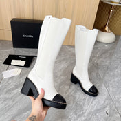 CHANEL 25S HIGH BOOTS STRETCHY SHAFT 85MM IN WHITE MIX BLACK CALFSKIN GOLD HARDWARE