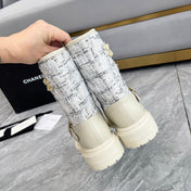 CHANEL 25S MID-CALF BOOTS 45MM IN BEIGE CALFSKIN AND WHITE TWEED GOLD HARDWARE