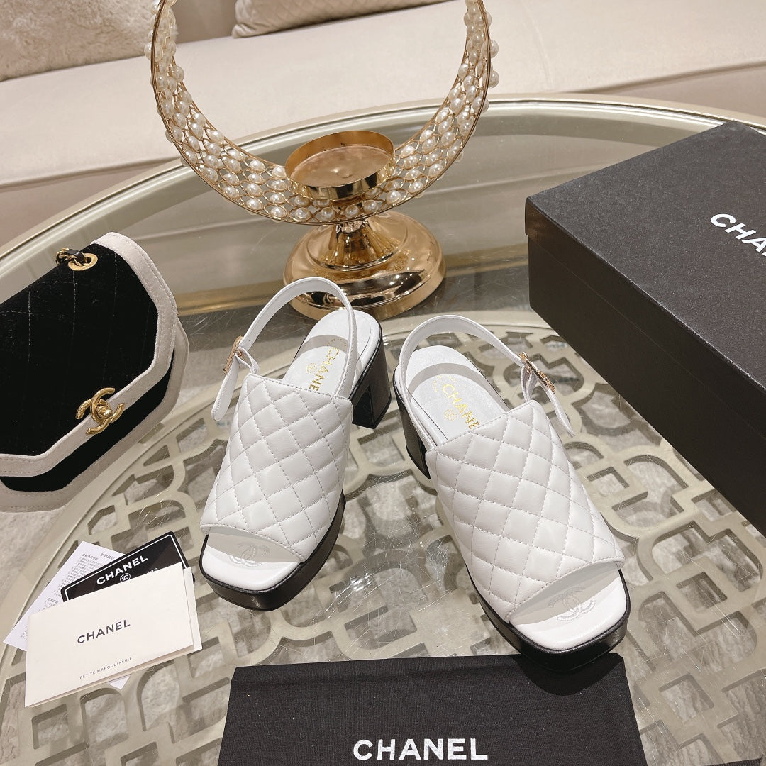 Double C  Chunky Heel Peep-Toe Open Sandals White Lambskin