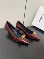 TRIOMPHE POINTED-TOE HIGH PUMPS IN BURGUNDY RED SHINY CALFSKIN