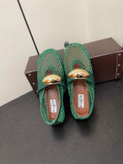 ALAIA BALLET FLATS IN COOL GREEN MESH FISHNET WITH GOLD HARDWARE