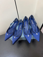 CUT-OUT BALLERINA FLAT IN NAVY BLUE SATIN ATTACHED BEAD BUCKLE