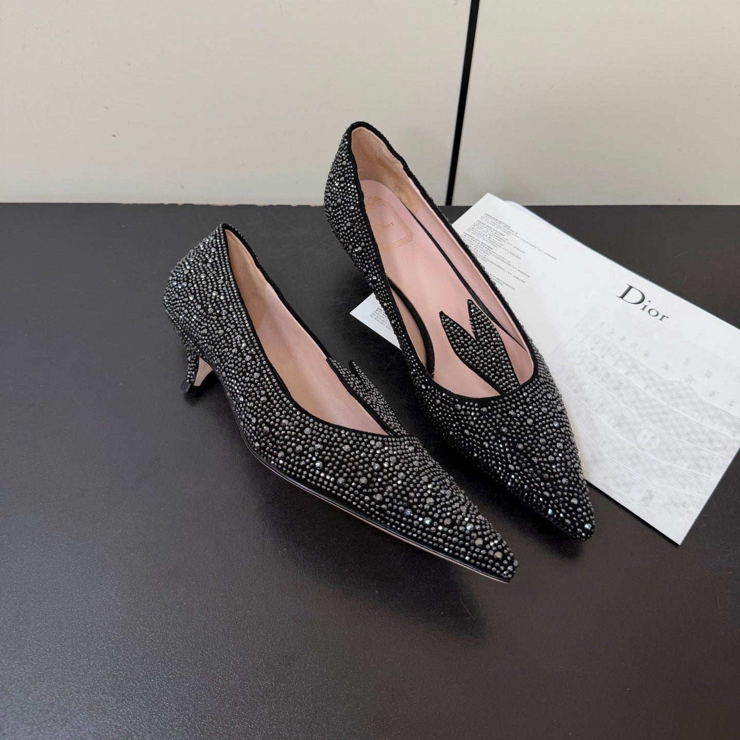 DIOR 26S POINTED-TOE HIGH HEELS 35MM IN BLACK SUEDE CRYSTAL