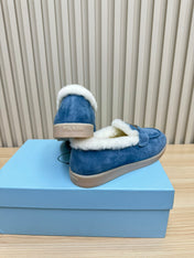 LOAFER IN AZURE BLUE SUEDE AND FUR LINING ATTACHED TRIANGLE LOGO