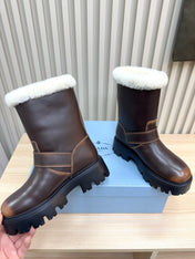 PRADA 25S MARTIN BOOTS IN DARK BROWN CALFSKIN FUR-LINED