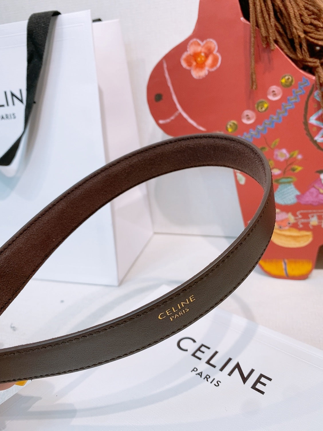 CELINE 26S BELT 25 MM IN DARK BROWN SUEDE 653080