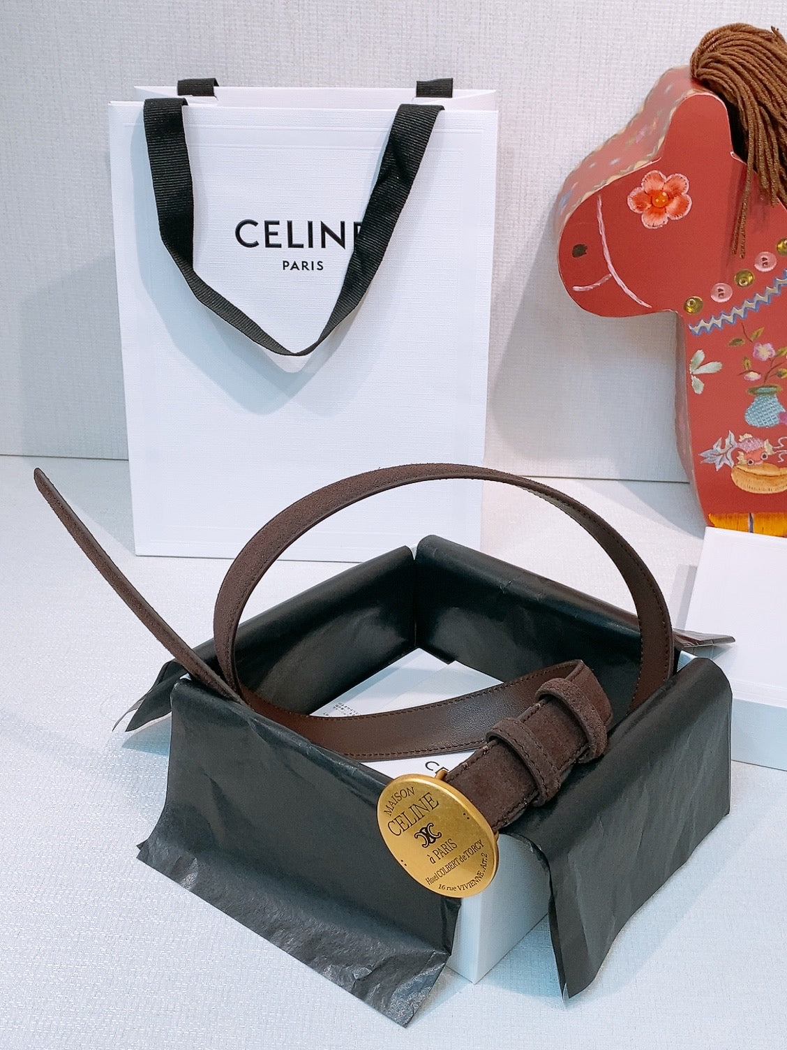 CELINE 26S BELT 25 MM IN DARK BROWN SUEDE 653080