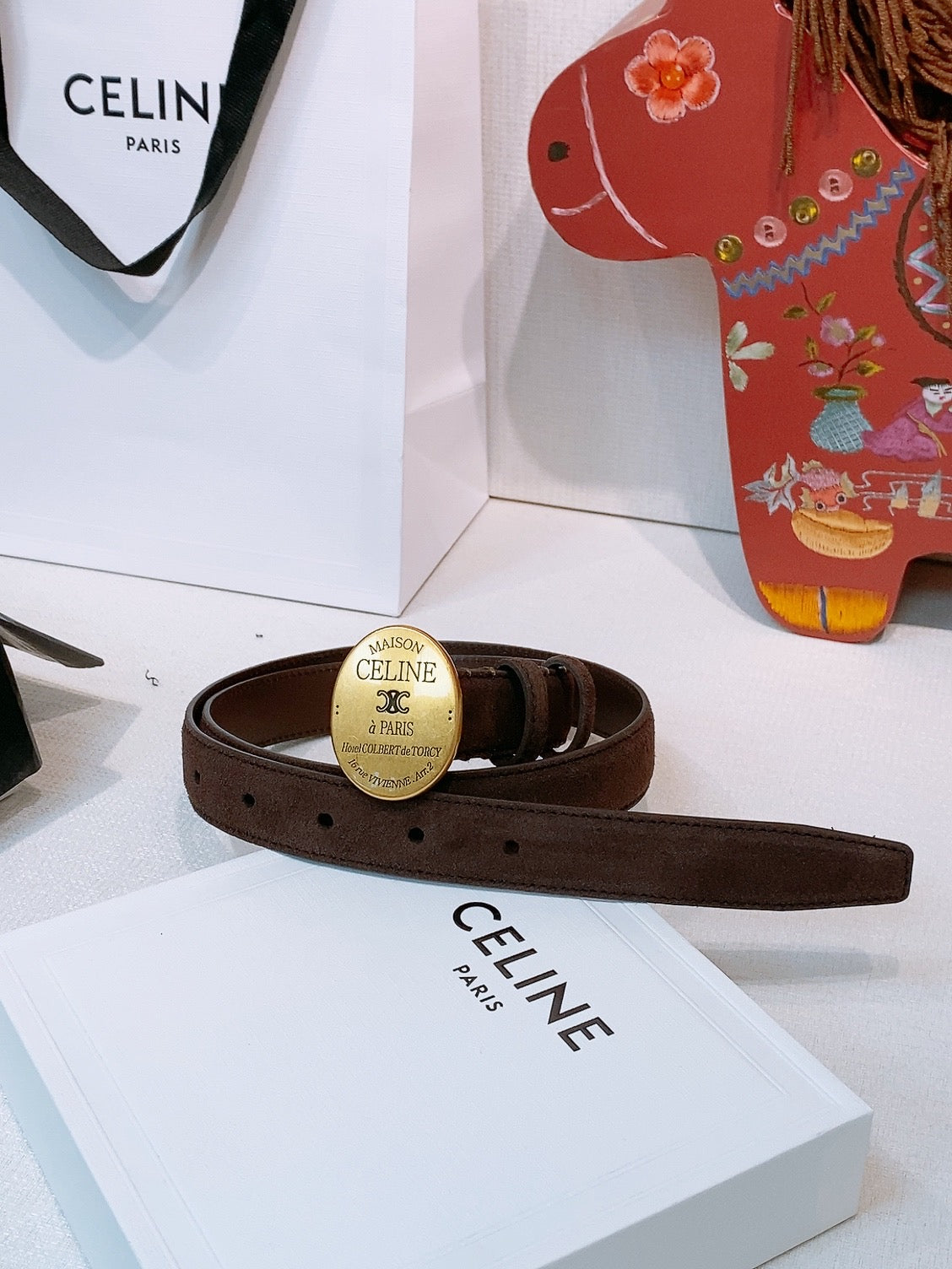 CELINE 26S BELT 25 MM IN DARK BROWN SUEDE 653080