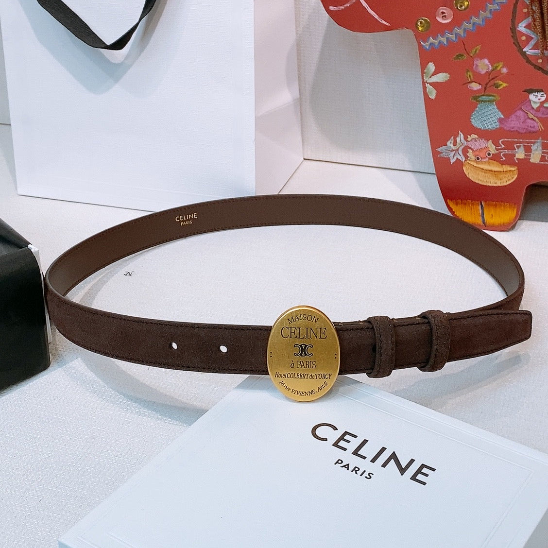 CELINE 26S BELT 25 MM IN DARK BROWN SUEDE 653080