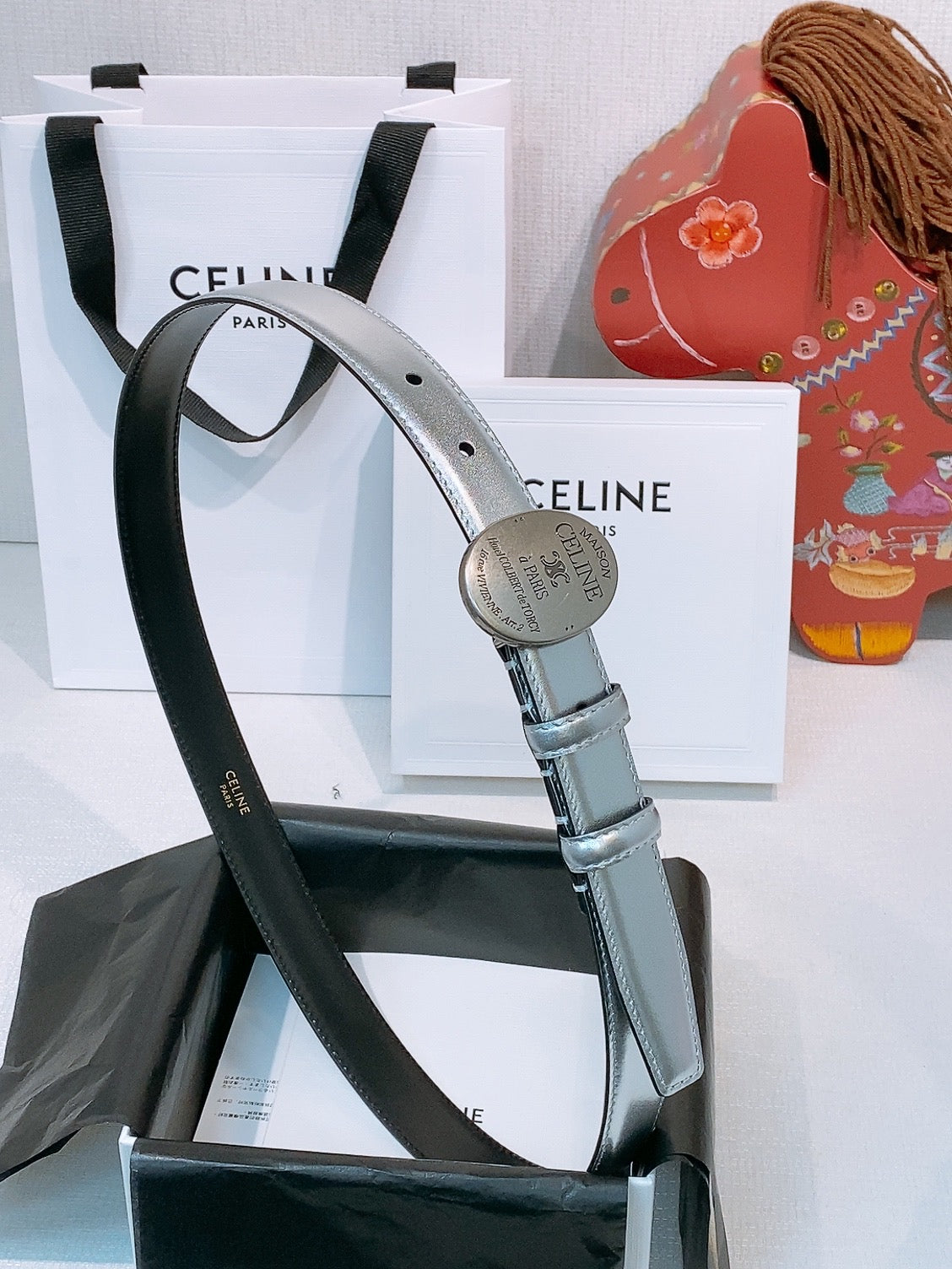 CELINE 26S BELT 25 MM IN SILVER CALFSKIN 653081