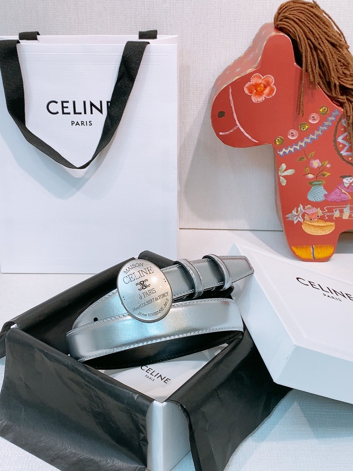 CELINE 26S BELT 25 MM IN SILVER CALFSKIN 653081