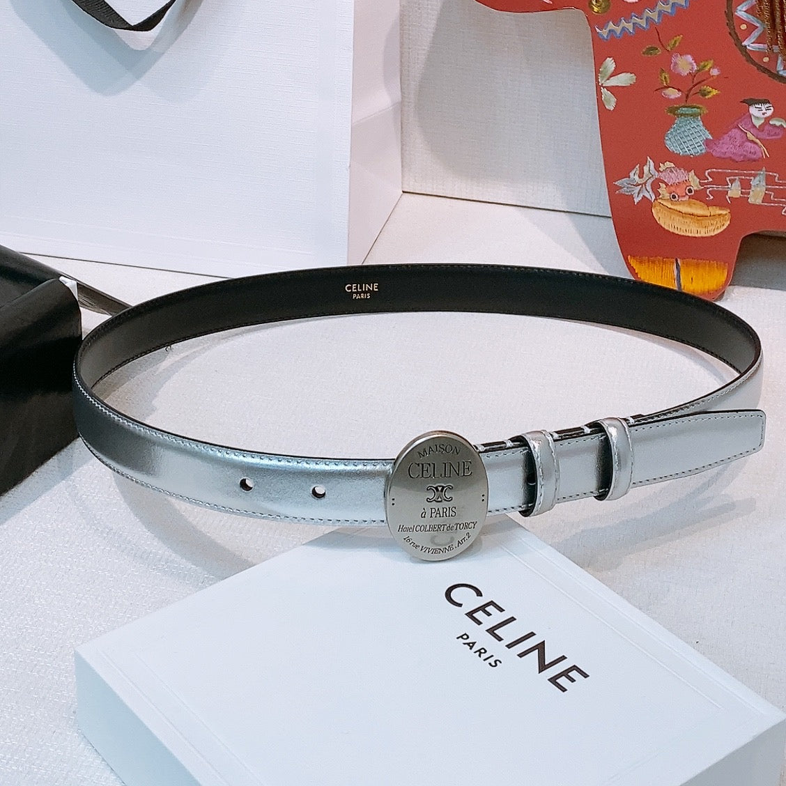 CELINE 26S BELT 25 MM IN SILVER CALFSKIN 653081