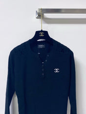 CHANEL 26S LACE-SHOULDER RIBBED KNIT HENLEY TOP 1675