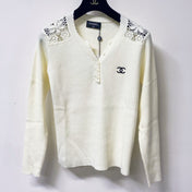CHANEL 26S LACE-SHOULDER RIBBED KNIT HENLEY TOP 1674
