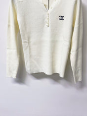 CHANEL 26S LACE-SHOULDER RIBBED KNIT HENLEY TOP 1674