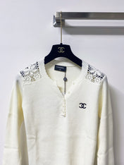 CHANEL 26S LACE-SHOULDER RIBBED KNIT HENLEY TOP 1674