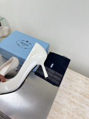PRADA 26S POINTED TOE PUMPS 75MM IN WHITE PATENT CALFSKIN