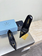 PRADA 26S POINTED TOE PUMPS 75MM IN BLACK PATENT CALFSKIN