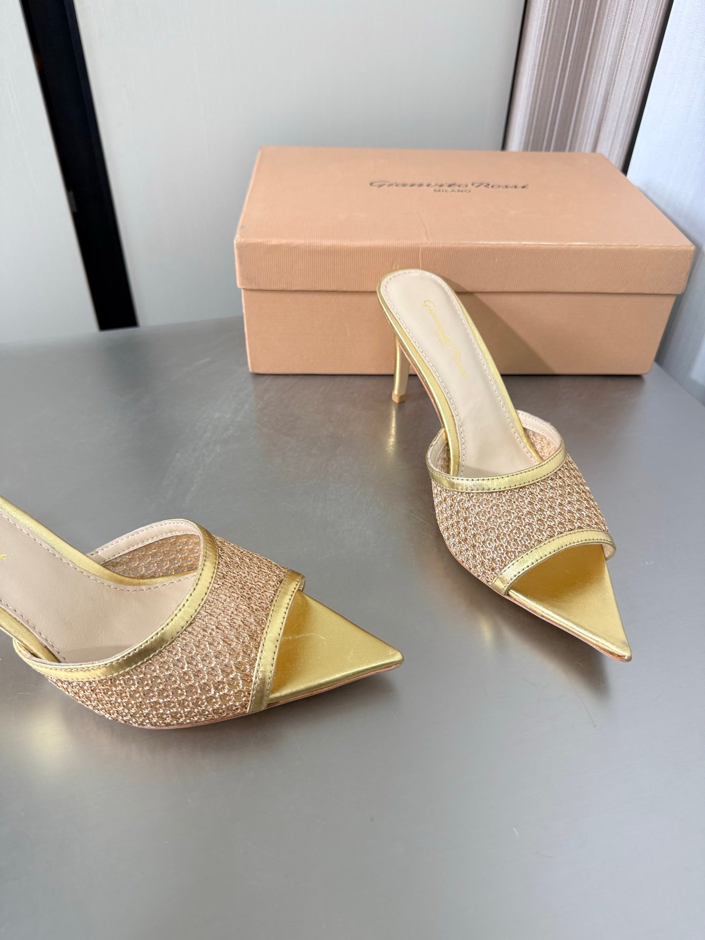 GIANVITO ROSSI 26S POINTED-TOE SANDALS 90 MM IN GOLD LAMBSKIN