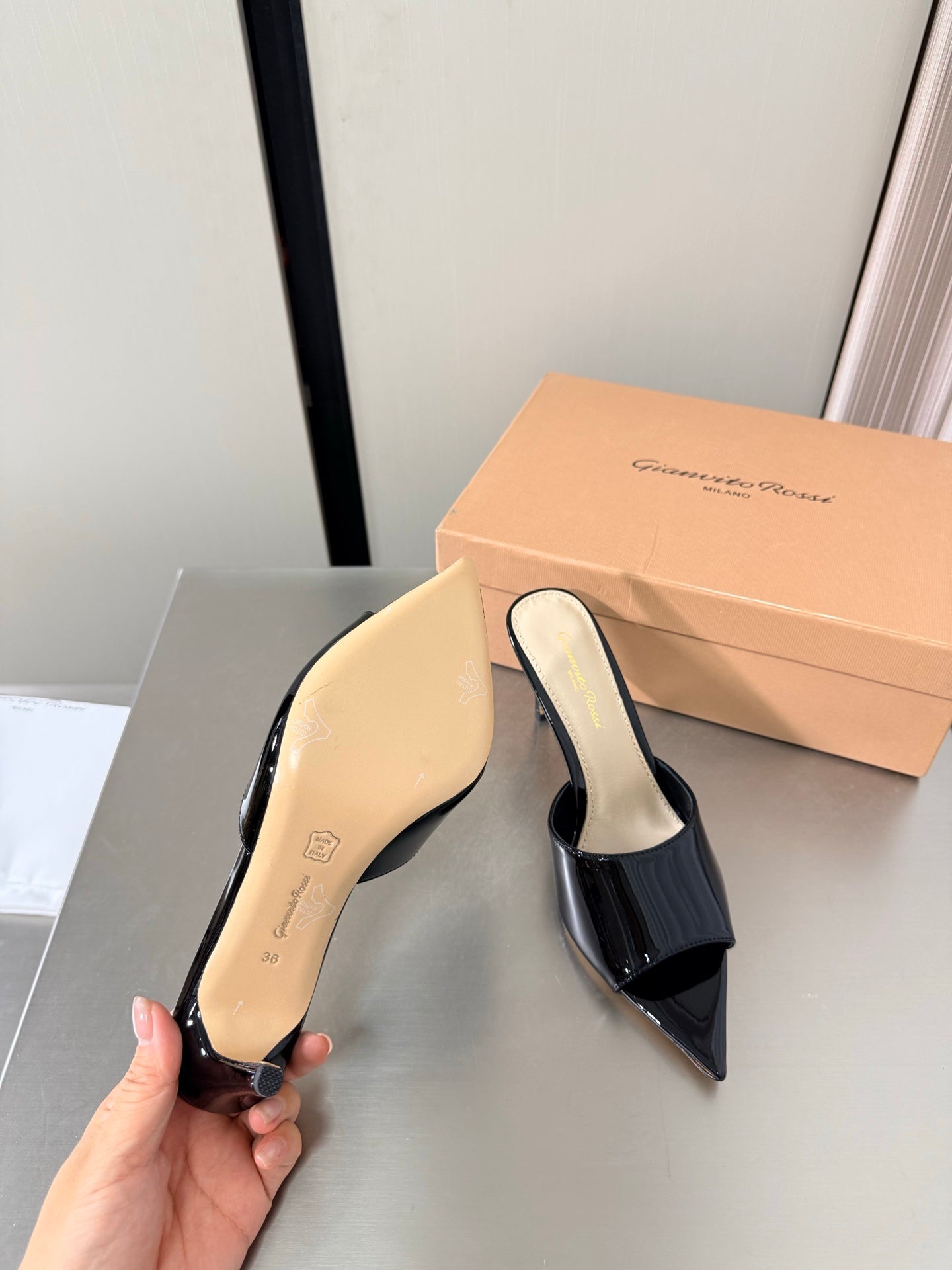 GIANVITO ROSSI 26S POINTED-TOE SANDALS 90 MM IN BLACK PATENT CALFSKIN