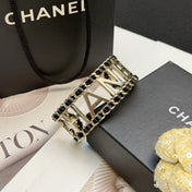 CHANEL 26S CHANEL LOGO OPEN CUFF LEATHER CHAIN BRACELET IN GOLD METAL 630836