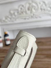 HM 26S KELLY MINI 22MM IN MILKY WHITE CROC EMBOSSED CALFSKIN SILVER KELLY BUCKLE