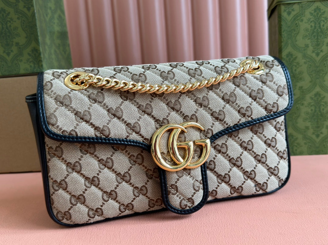 MARMONT MEDIUM SHOULDER BAG 26 IN BEIGE AND BROWN GG CANVAS BLACK CALFSKIN GOLD HARDWARE