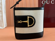 73 SMALL BUCKET BAG 20 IN NATURAL CANVAS AND BLACK CALFSKIN