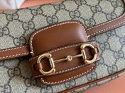 SMALL HORSEBIT 1955 SHOULDER BAG 22.6 IN BEIGE/EBONY GG WITH BROWN CALFSKIN TRIM