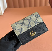 MARMONT BI-COLOUR CARD CASE WALLET 11 IN BLUE BEIGE EBONY GG CANVAS BLACK CALFSKIN