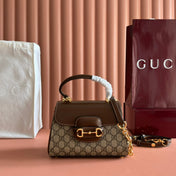 GUCCI 25S HORSEBIT 1955 MEDIUM SHOULDER BAG 22 CM IN DARK BEIGE CANVAS AND BROWN CALFSKIN WITH GOLD HARDWARE