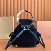 MIUMIU 26S BACKPACK 22 IN DARK BLUE CANVAS BLUE CALFSKIN
