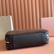 MIUMIU 26S BEAU BAG 34 IN CHOCOLATE BROWN CANVAS AND BLACK CALFSKIN