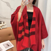 REVERSIBLE CHECK CASHMERE CAPE CHERRY RED AND BLACK 410134