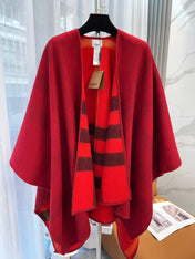 REVERSIBLE CHECK CASHMERE CAPE CHERRY RED AND BLACK 410134