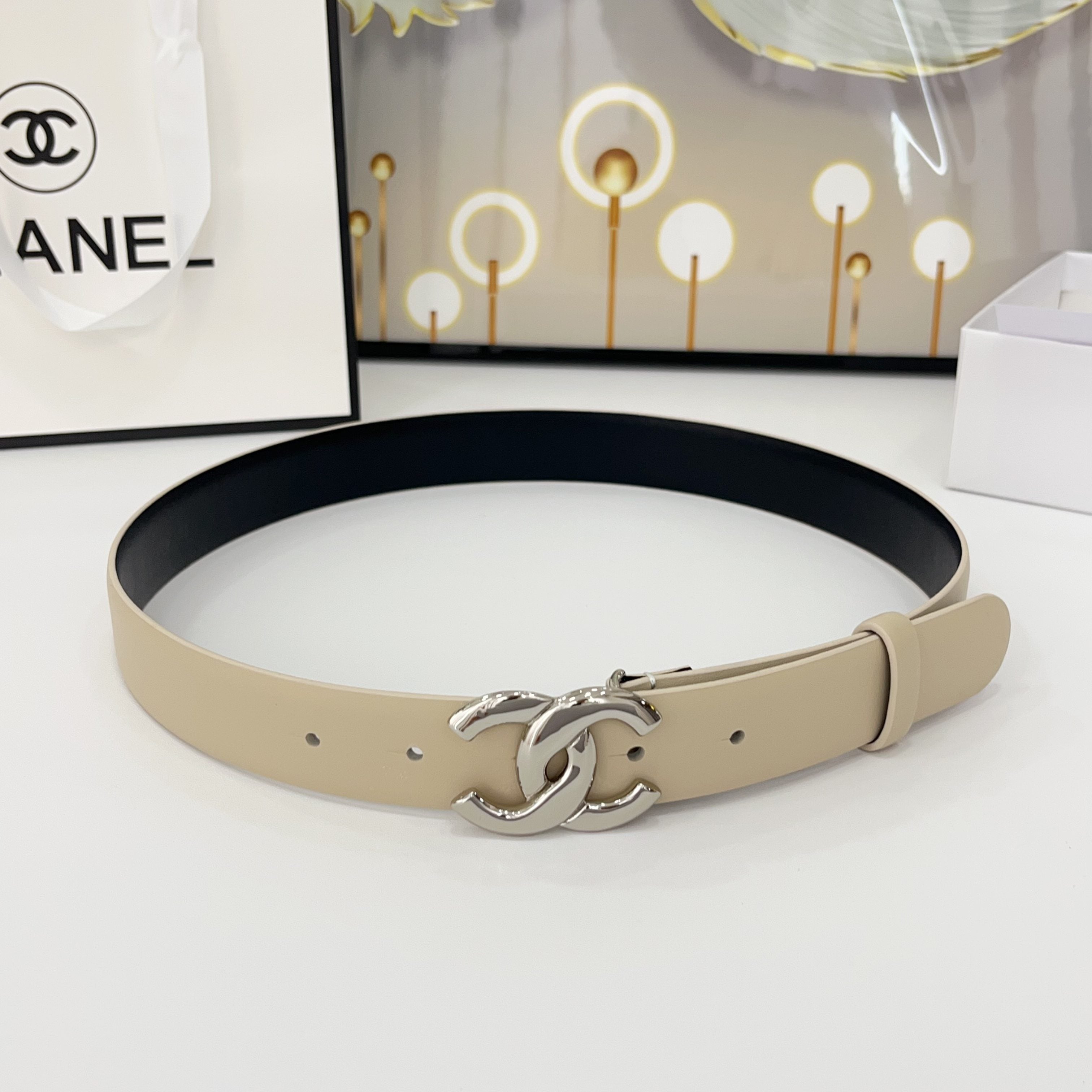 DOUBLE C BELT 30MM IN BEIGE CALFSKIN WITH SHINY SILVER BUCKLE