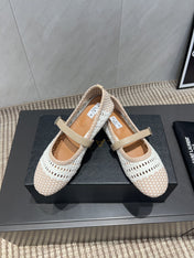 ALAIA MARY JANE FLATS WOVEN PATTERN 25S IN WHITE MIX LIGHT BEIGE CALFSKIN