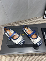 ALAIA MARY JANE FLATS WOVEN PATTERN 25S IN WHITE MIX NAVY BLUE CALFSKIN