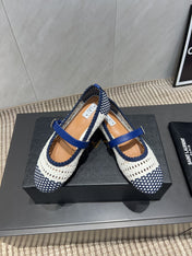 ALAIA MARY JANE FLATS WOVEN PATTERN 25S IN WHITE MIX NAVY BLUE CALFSKIN