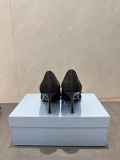 PRADA 26S POINTED TOE HEELS 75MM IN BLACK SUEDE WITH BOW