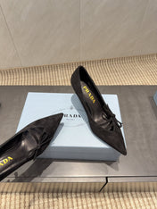 PRADA 26S POINTED TOE HEELS 75MM IN BLACK SUEDE WITH BOW
